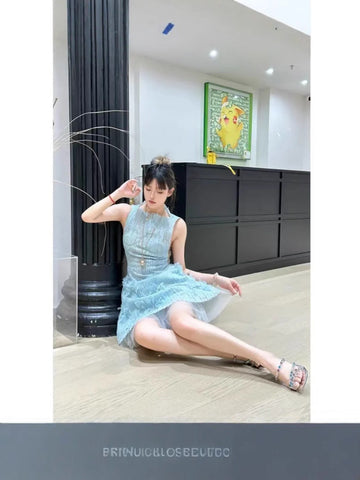 New Spring And Summer Vietnamese Small Sleeveless Waist Heavy Industry Famous Pressure Folding Short Dress